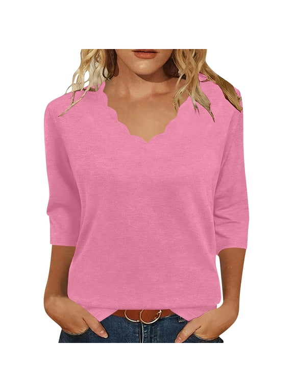 Women's Casual 3/4 Sleeve Length T-Shirts Tunic Tops V Neck Loose Fit Basic Tee Solid Color Blouse for Work Daily