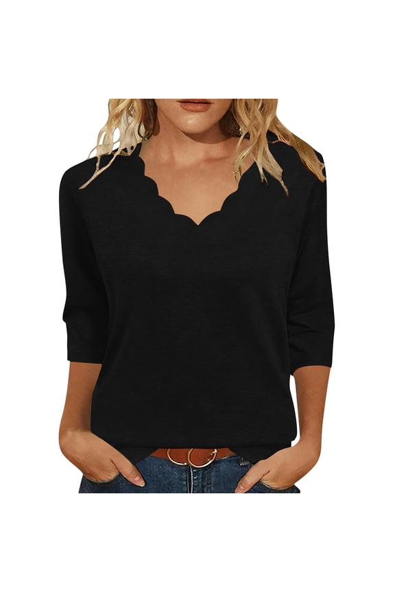 Women's Casual 3/4 Sleeve Length T-Shirts Tunic Tops V Neck Loose Fit Basic Tee Solid Color Blouse for Work Daily