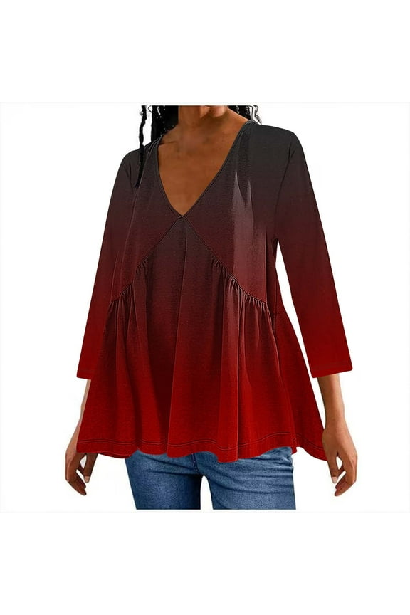 Women's Casual 3/4 Sleeve Tops Pleated With Layered V-neck Gradient Loose Fit Swing Top Blouse