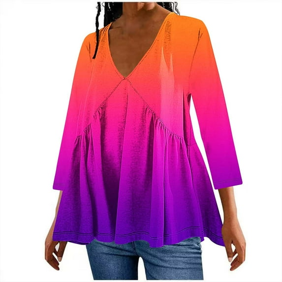 Aofany Women's Casual 3/4 Sleeve Tops Pleated With Layered V-neck Gradient Loose Fit Swing Top Blouse