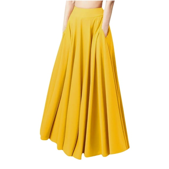 Aofany Women's Casual A-line Long Skirt Solid High Waisted Flare Skirts Elastic Waistband Pleated Skirts with Pockets