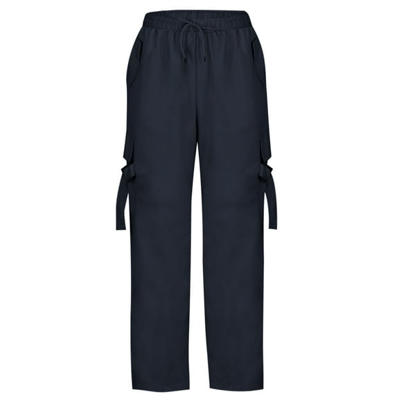 Aofany Women's Casual Elastic Waist Cargo Pants Drawstring Multiple Pockets Work Pants Solid High Waist Straight Trousers