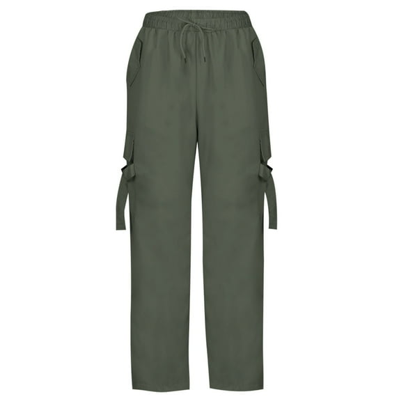 Aofany Women's Casual Elastic Waist Cargo Pants Drawstring Multiple Pockets Work Pants Solid High Waist Straight Trousers