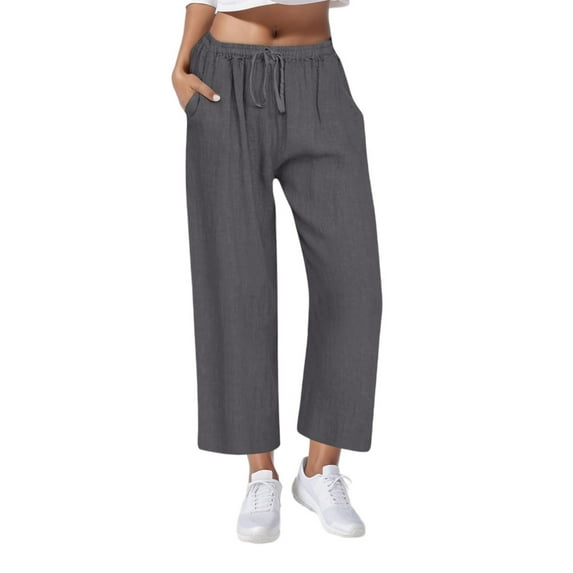 Aofany Women's Casual Pants Summer Drawstring Cotton Linen Cropped Pants Loose Elastic Waist Trousers
