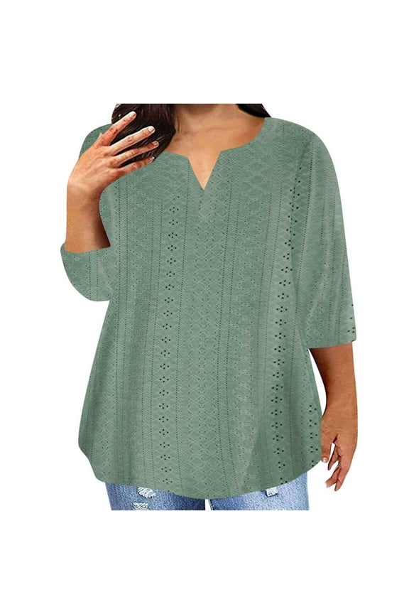 Women's Casual Plus Size T-shirt 3/4 Sleeves Blouse V- Neck Baggy Leisure Fall Tops