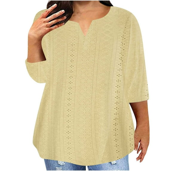 Aofany Women's Casual Plus Size T-shirt 3/4 Sleeves Blouse V- Neck Baggy Leisure Fall Tops