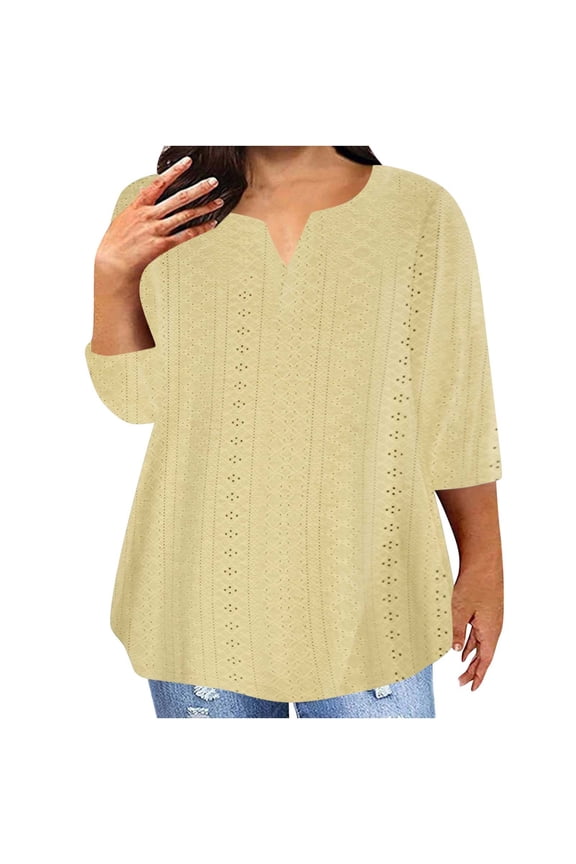 Women's Casual Plus Size T-shirt 3/4 Sleeves Blouse V- Neck Baggy Leisure Fall Tops