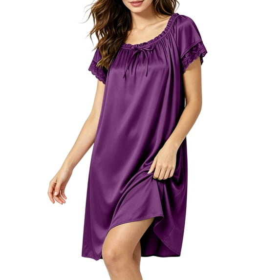 Aofany Women's Charming Satin Nightgowns Silk Sleepshirt Solid Sleep Dress Half Sleeve Sleepwear