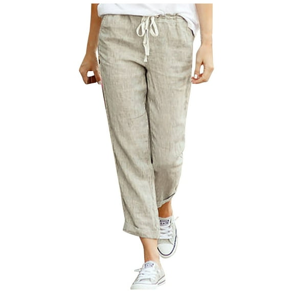 Aofany Women's Cotton Linen Pants Casual Drawstring High Elastic Waist Trousers Straight Leg Nine-quarter Pants Gray M