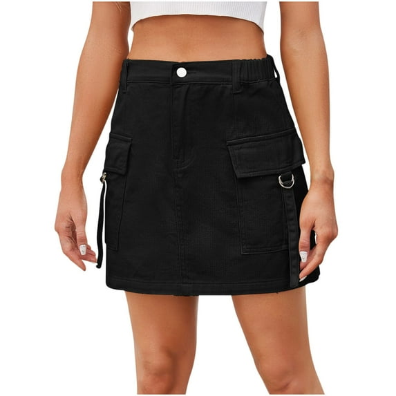 Aofany Women's Cowboy Cargo Skirt Fashion Solid Color Elastic Waist Skirt Casual High Waist Multi-pocket Jeans Skirt