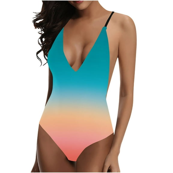 Aofany Women's Deep V Neck One Piece Swimsuits Gradient High Cut Low Back Thong Swimwear Monokini Bathing Suit for Women