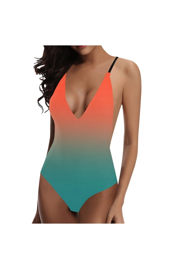 Women's Deep V Neck One Piece Swimsuits Gradient High Cut Low Back Thong Swimwear Monokini Bathing Suit for Women