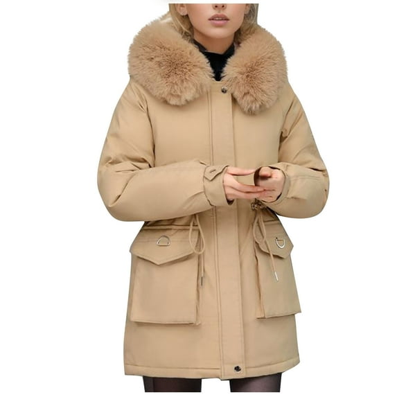 Aofany Women's Fall And Winter Warm Cotton Bread Jacket Solid Color Long Sleeved Outerwear Casual Loose Hooded Coats On Clearance