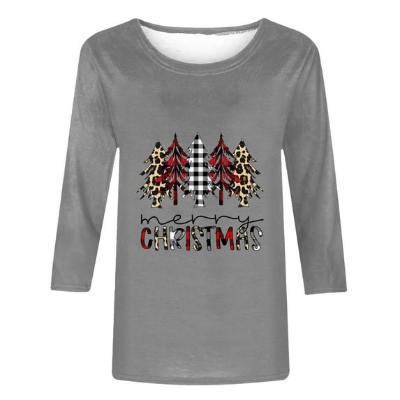 Aofany Women's Fashion Plus Size Merry Christmas T-shirt 3/4 Sleeves Christmas Tree Printed Blouse Round Neck Casual Tops
