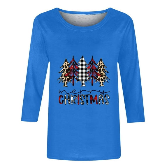 Aofany Women's Fashion Plus Size Merry Christmas T-shirt 3/4 Sleeves Christmas Tree Printed Blouse Round Neck Casual Tops