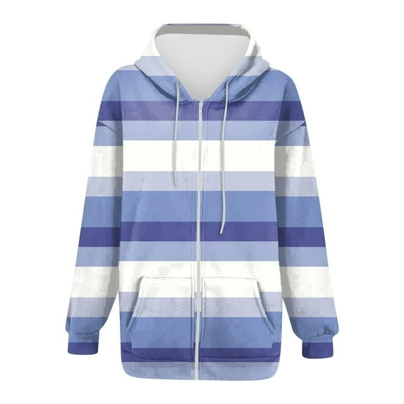 Aofany Women's Full Zip Up Hoodie Long Sleeve Lightweight Hooded Sweatshirts Fall Tops Stripes Fashion Pockets Jacket Coat