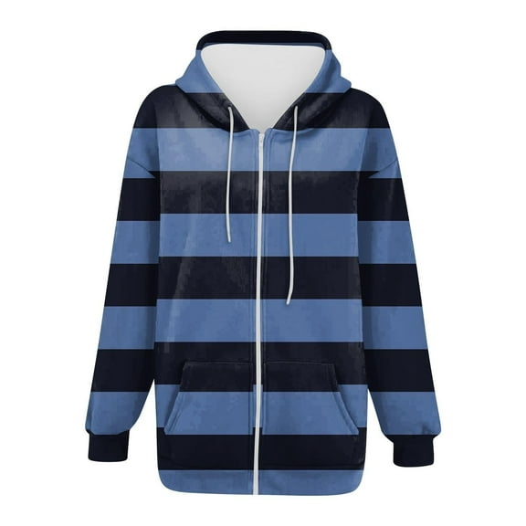 Aofany Women's Full Zip Up Hoodie Long Sleeve Lightweight Hooded Sweatshirts Fall Tops Stripes Fashion Pockets Jacket Coat
