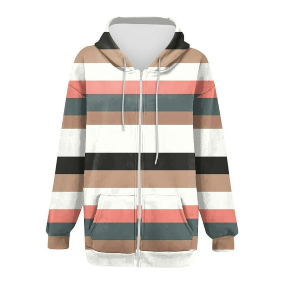 Aofany Women's Full Zip Up Hoodie Long Sleeve Lightweight Hooded Sweatshirts Fall Tops Stripes Fashion Pockets Jacket Coat