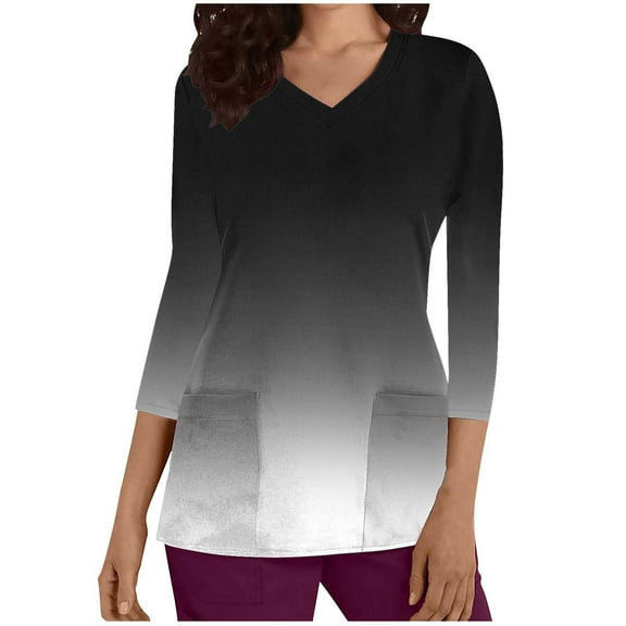 Aofany Women's Gradient Scrubs Top Professionals Nurse Workwear Uniform Breathable Clinic Plus Size V-Neck 3/4 Sleeve Protective Blouse Loose Tunic Shirt with Pockets