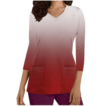 Aofany Women's Gradient Scrubs Top Professionals Nurse Workwear Uniform Breathable Clinic Plus Size V-Neck 3/4 Sleeve Protective Blouse Loose Tunic Shirt with Pockets