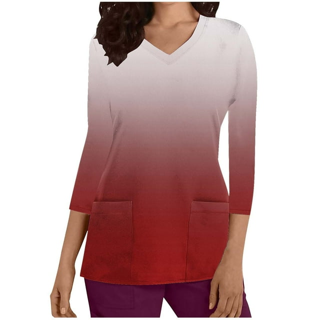 Aofany Women's Gradient Scrubs Top Professionals Nurse Workwear Uniform Breathable Clinic Plus Size V-Neck 3/4 Sleeve Protective Blouse Loose Tunic Shirt with Pockets