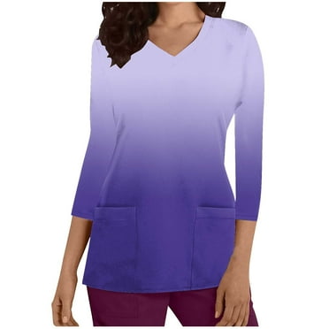 Aofany Women's Gradient Scrubs Top Professionals Nurse Workwear Uniform Breathable Clinic Plus Size V-Neck 3/4 Sleeve Protective Blouse Loose Tunic Shirt with Pockets