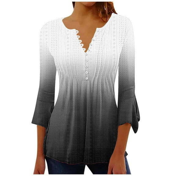 Aofany Women's Henley Shirt 3/4 sleeve V Neck Flared Blouse Pleated Tunic Tops for Women