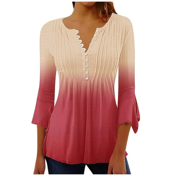 Aofany Women's Henley Shirt 3/4 sleeve V Neck Flared Blouse Pleated Tunic Tops for Women