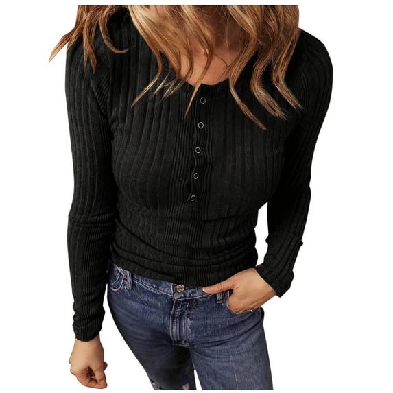 Aofany Women's Henley Shirts 2025 Spring Fall Long Sleeve T Shirts Button Ribbed Knit Slim Fit Casual Basic Tops Blouse