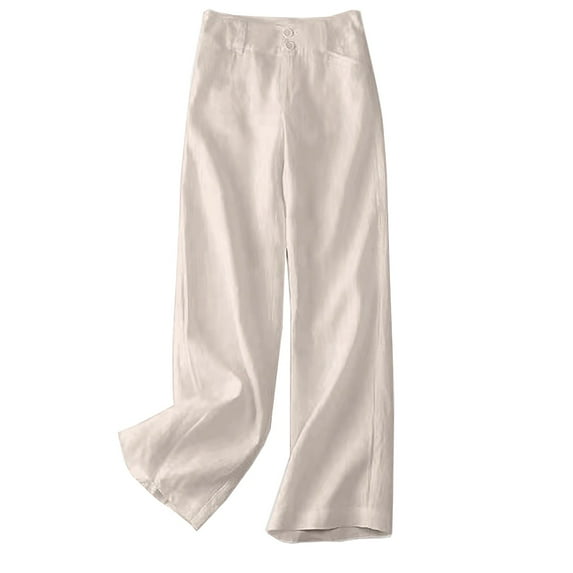 Aofany Women's High Waist Straight Casual Elastic Pants Solid Color Cotton Linen Pants Comfortable Loose Trousers