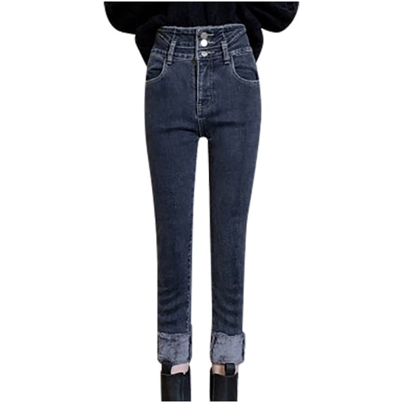 Aofany Women's High Waisted Jeans Fashion Leisure Plush And Thick Winter Straight Denim Pants Pencil Trousers