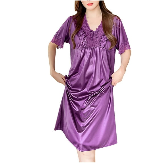 Aofany Women's Lace Sleeping Night Shirts Summer Sleepwear Short Pajama Sleep Shirt Silk Nightgown Satin Night Gown Dresses Soft Lace Short Sleeve V Neck Nightshirt