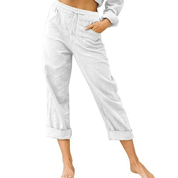 Aofany Women's Linen Pants Casual Solid Color Pockets Trouser Elastic Mid Waist Comfortable Straight Leg Pants White-1 S