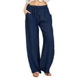 thumbnail image 1 of Aofany Women's Linen Pants Casual Solid Elastic Mid-Waist Drawstring Pants Long Straight Leg Trousers Navy L, 1 of 5