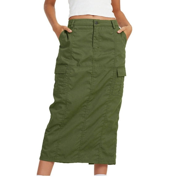 Aofany Women's Long Cargo Skirt Solid Color High Waist Straight Streetwear Loose Skirt Work Shirts with Pockets