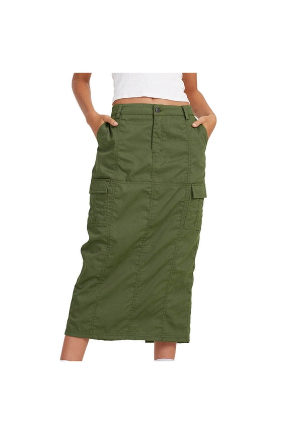 Women's Long Cargo Skirt Solid Color High Waist Straight Streetwear Loose Skirt Work Shirts with Pockets