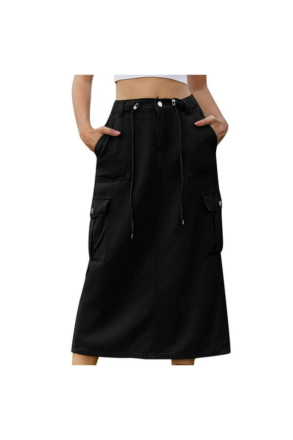 Women's Long Cargo Skirt with Pockets Solid Color High Waist Drawstring Straight Streetwear Loose Skirt