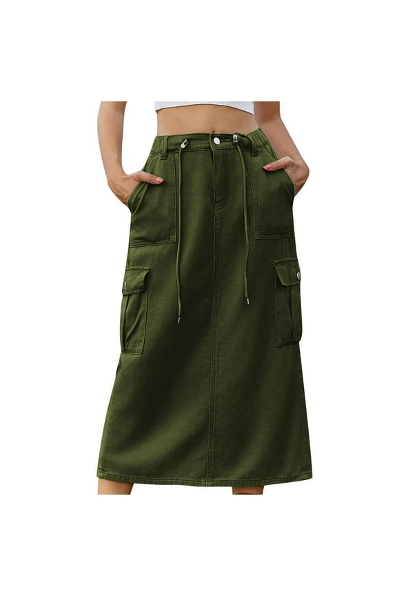 Women's Long Cargo Skirt with Pockets Solid Color High Waist Drawstring Straight Streetwear Loose Skirt