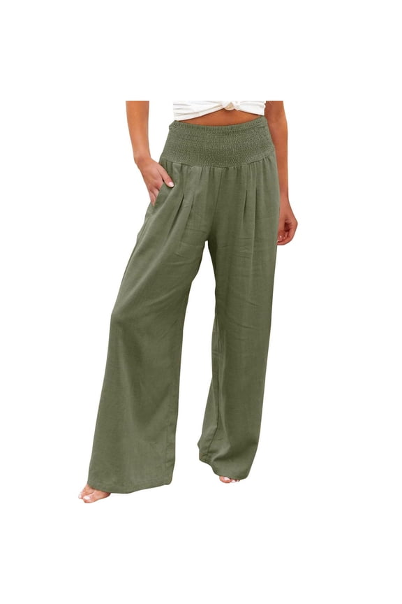 Women's Loose High Waist Wide Leg Pants Straight Casual Cotton Linen Pants Solid Color with Pockets Trousers