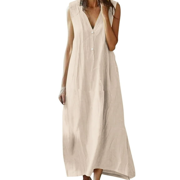 Aofany Women's Loose Plus Size Cotton And Linen Dresses V Neck Sleeveless Long Summer Dresses Tank Dresses for Women