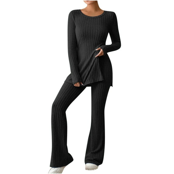 Aofany Women's Lounge Sets 2PC Slim Fashion Suit Long Sleeve Solid Round Neck Top And Flared Pants Set