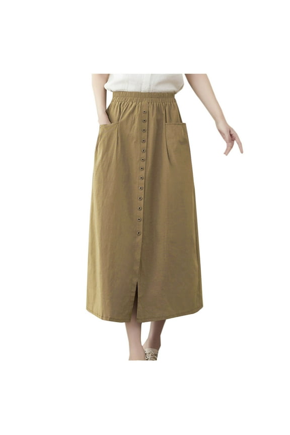 Women’s Maxi Skirt Button Front Midi Long A-Line Skirt Full Length Slit Skirt with Pockets