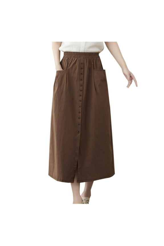 Women’s Maxi Skirt Button Front Midi Long A-Line Skirt Full Length Slit Skirt with Pockets