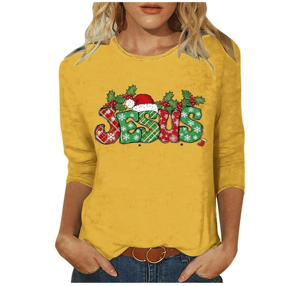 Aofany Women's Merry Christmas Shirts Xmas Graphic Cute 3/4 Sleeve Crewneck Tees Tops, Christmas Gifts