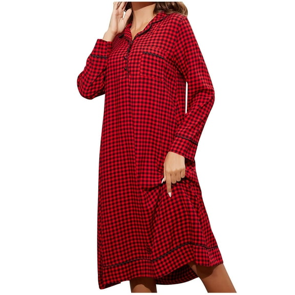 Aofany Women's Nightgown Plaid Flannel Nightgown Sleep Shirt Button-Front Sleepwear Casual Plus Size Printed Loose Long Sleeved Lapel Home Nightgown