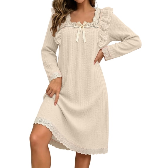 Aofany Women's Nightgown Solid Color Nightgown Sleep Dress Sleepwear Casual Plus Size Loose Long Sleeved Square Collar Home Nightgown
