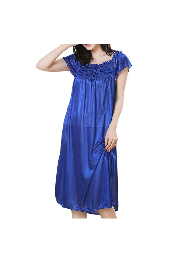 Women's Nightgowns Womens Long Loungewear Solid Color Silk Satin Short Sleeve Nightgowns