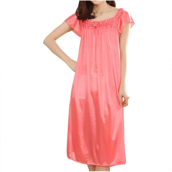 Aofany Women's Nightgowns Womens Long Loungewear Solid Color Silk Satin Short Sleeve Nightgowns