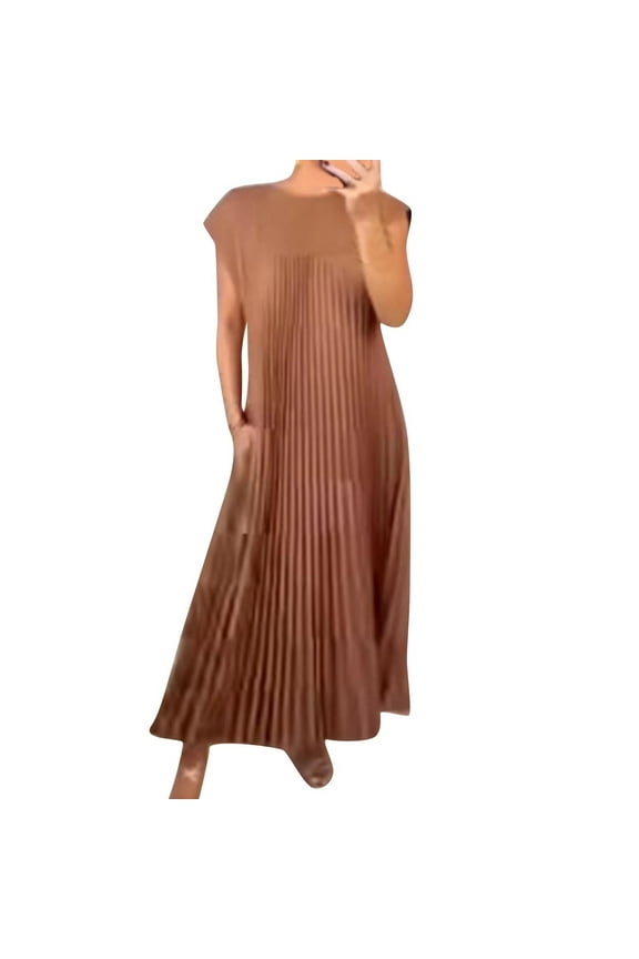 Women's Pleated Tank Dress Fashionable Round Neck Sleeveless Ankle Dress With Pockets Casual Baggy Dress for Women