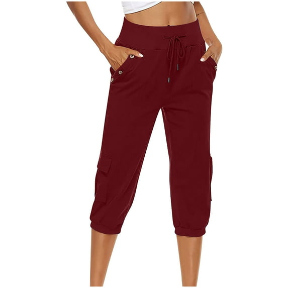 Aofany Women's Plus Size 3/4 Pants Casual Solid Color Elastic Lacing Up Loose Mid-Length Pants Straight Slim Leg Trousers With Pockets Wine XL